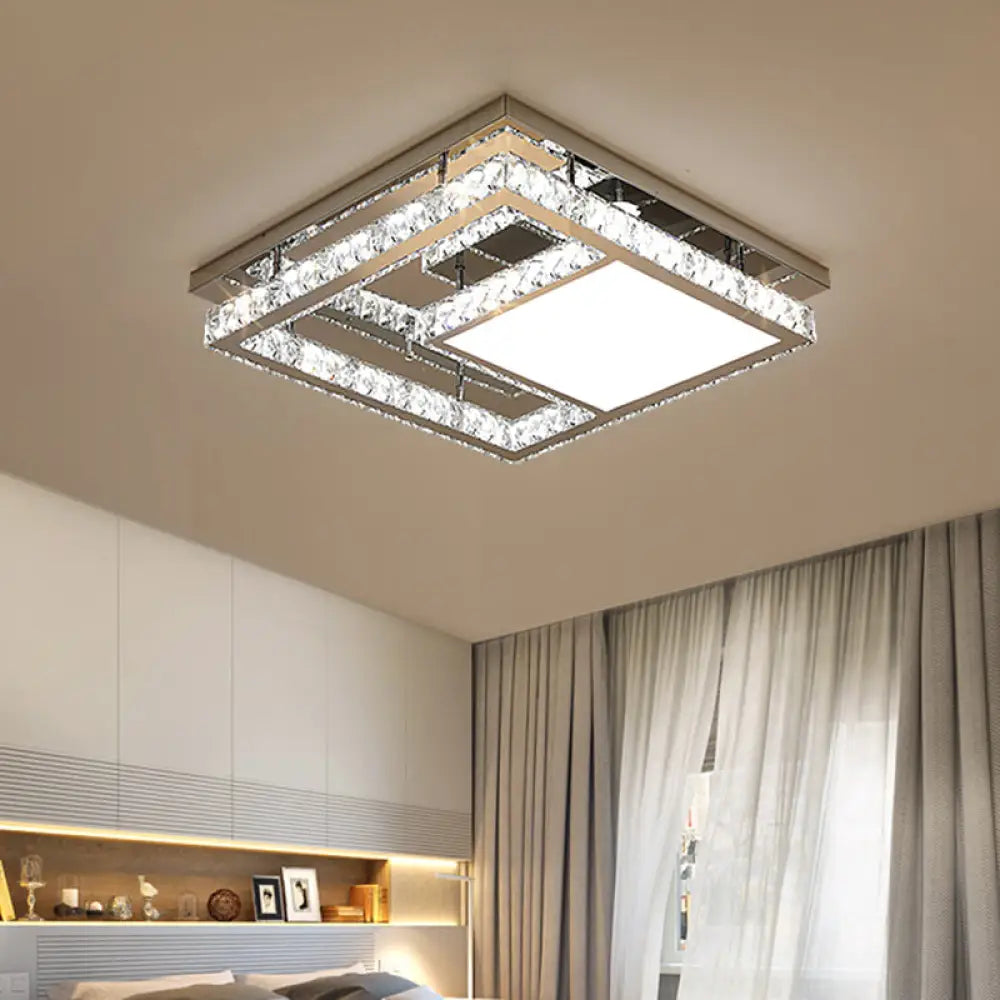 Contemporary Led Crystal Flushmount Ceiling Light - Stainless Steel Square Bedchamber Fixture