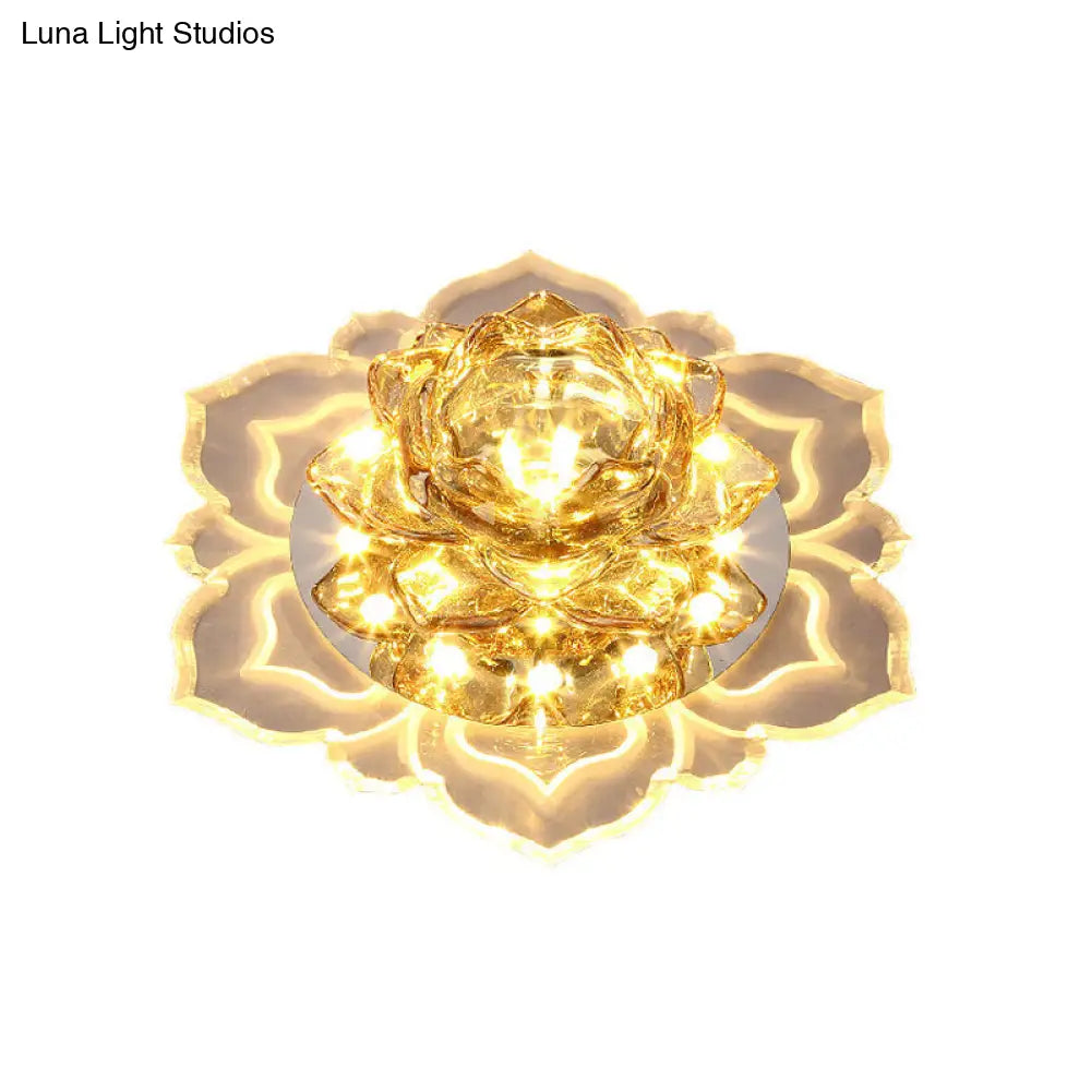 Contemporary Led Crystal Lotus Flush Light Fixture - Chrome Ceiling Lamp