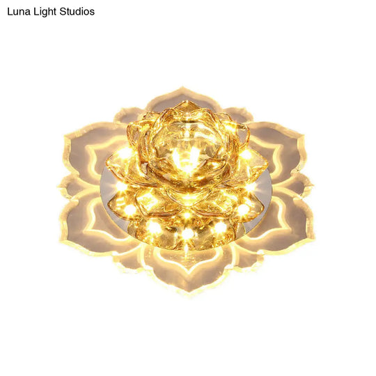 Contemporary Led Crystal Lotus Flush Light Fixture - Chrome Ceiling Lamp