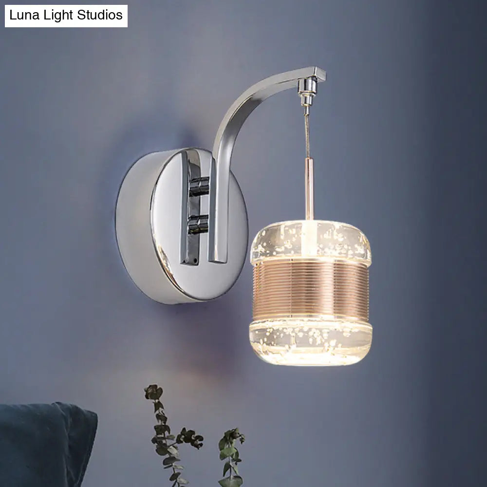 Contemporary Led Crystal Wall Lamp - Chrome Cylinder Bedroom Light Fixture