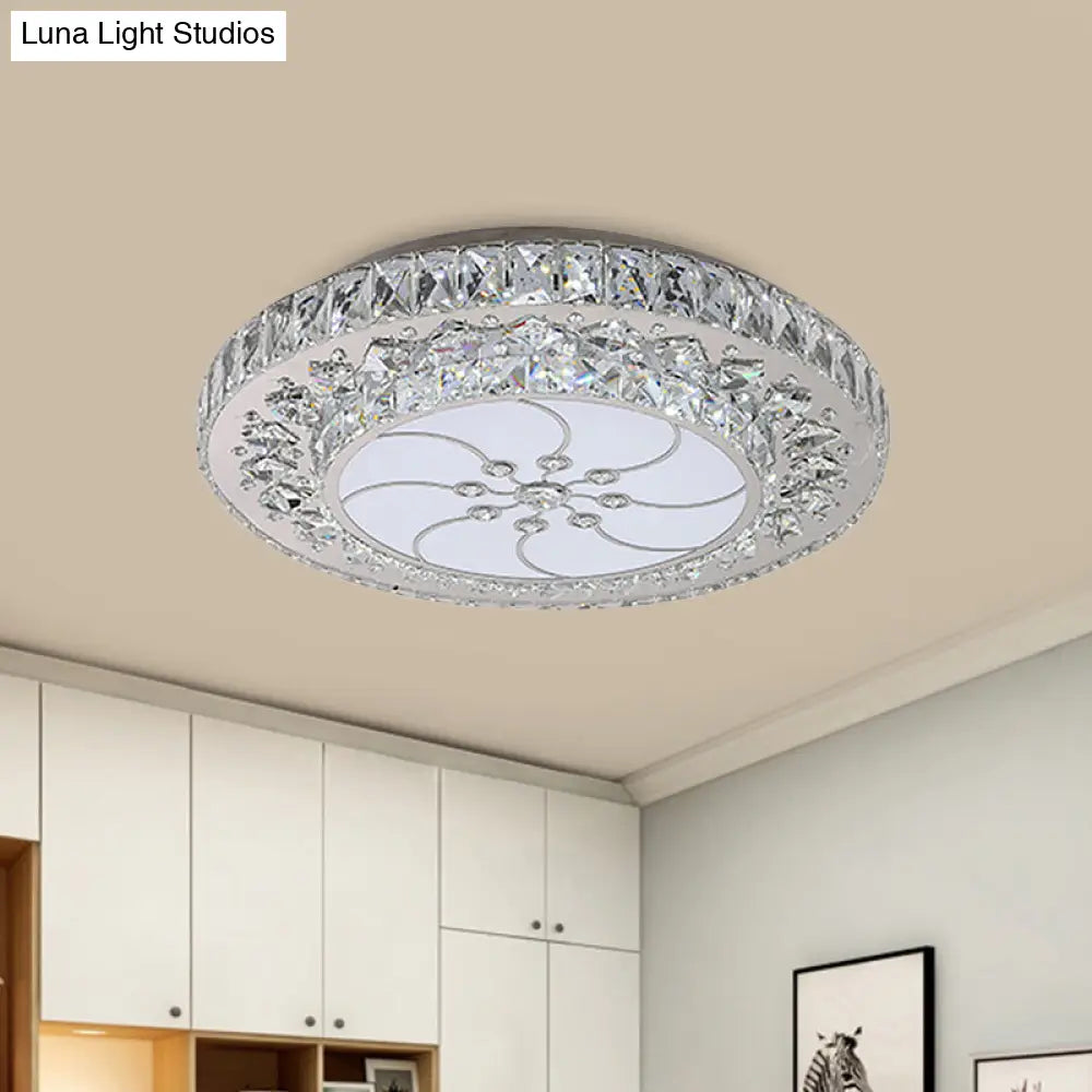 Contemporary Led Drum Ceiling Fixture Nickel Finish Crystal Flush Mount