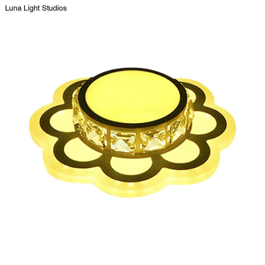 Contemporary Led Drum Ceiling Light With Beveled Crystal In Ivory & Floral Design