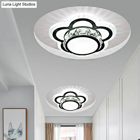 Contemporary Led Drum Ceiling Light With Beveled Crystal In Ivory & Floral Design / B