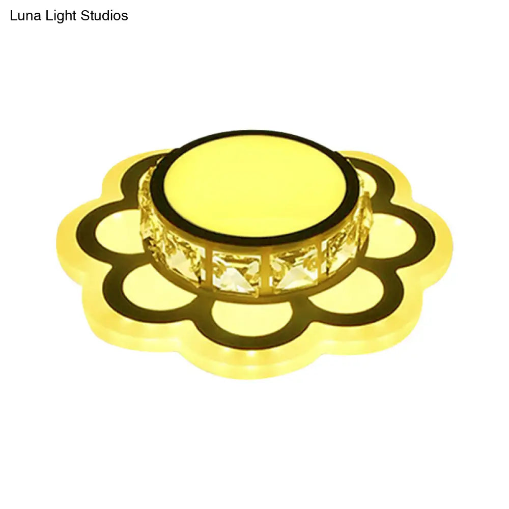 Contemporary Led Drum Ceiling Light With Beveled Crystal In Ivory & Floral Design