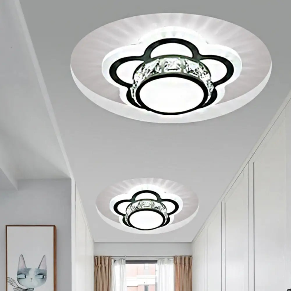 Contemporary Led Drum Ceiling Light With Beveled Crystal In Ivory & Floral Design / B