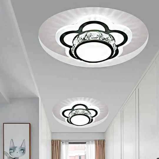 Contemporary Led Drum Ceiling Light With Beveled Crystal In Ivory & Floral Design / B