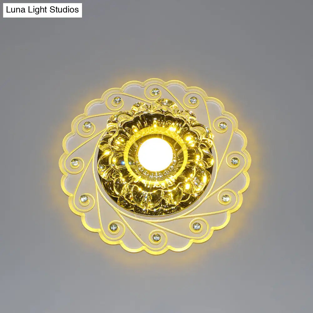 Contemporary Led Flower Flush Crystal Ceiling Light For Elegant Passages Clear / Warm