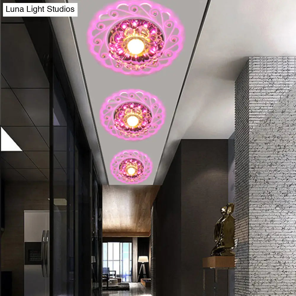 Contemporary Led Flower Flush Crystal Ceiling Light For Elegant Passages