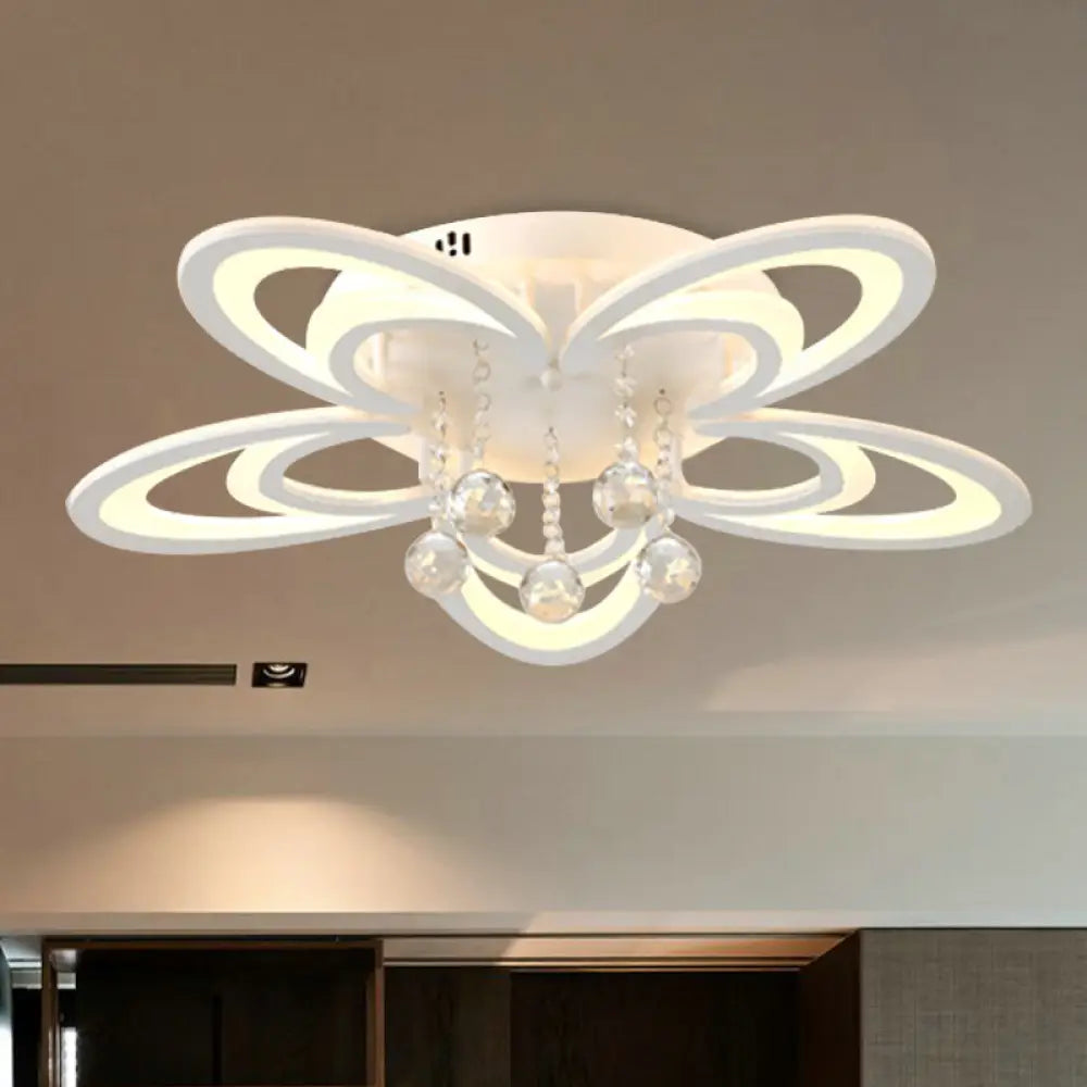 Contemporary Led Flush Ceiling Lamp In White - Acrylic And Crystal Semi Mount Lighting