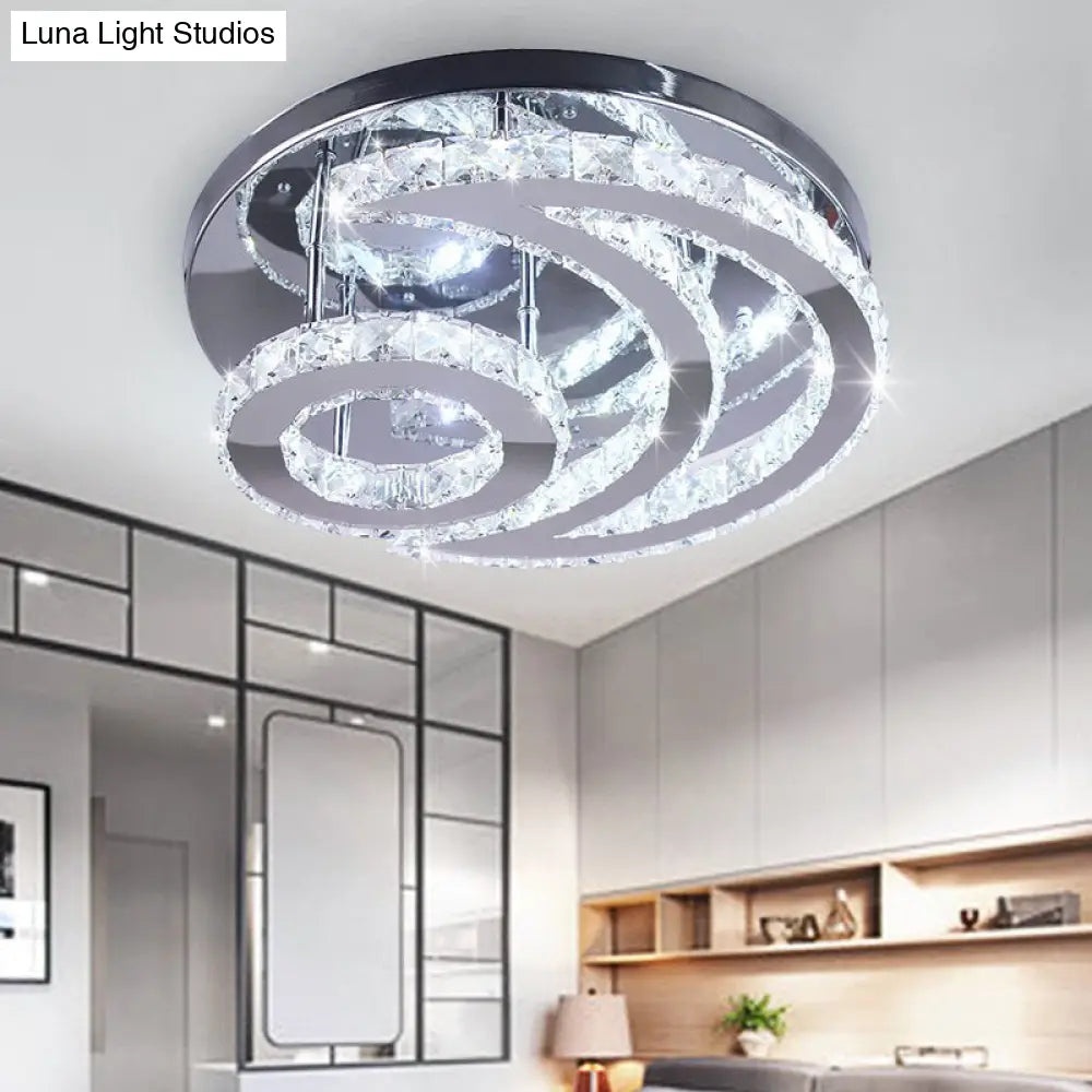 Contemporary Led Flush Ceiling Light: Chrome Moon Mount With Clear Crystal Shade