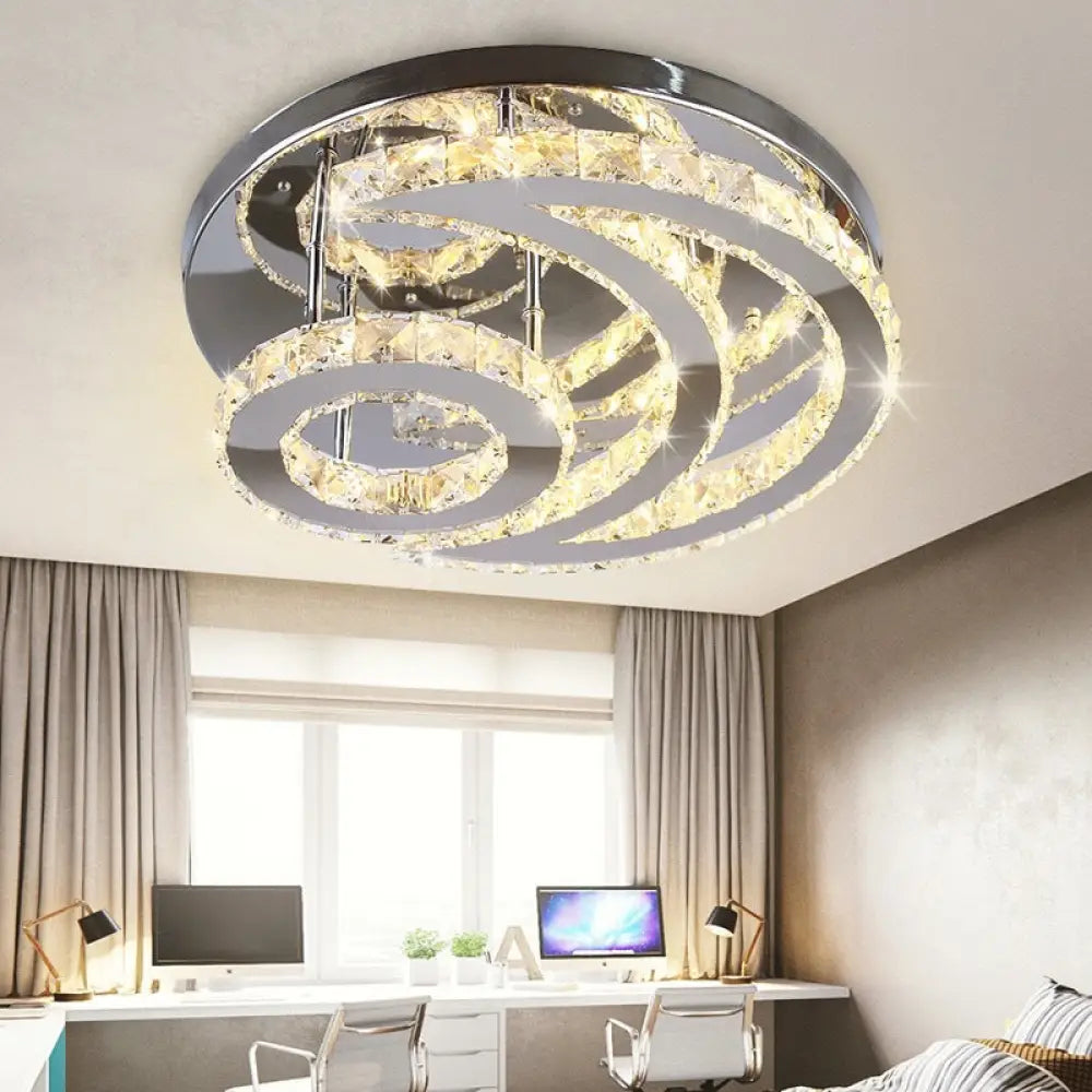 Contemporary Led Flush Ceiling Light: Chrome Moon Mount With Clear Crystal Shade