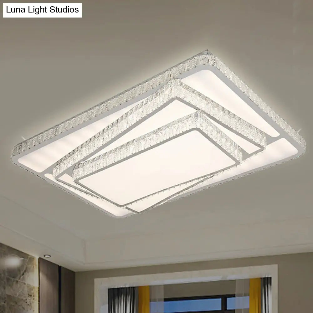 Contemporary Led Flush Ceiling Light With Stacked Crystal Rectangles In White