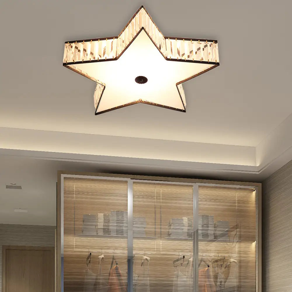 Contemporary Led Flush Light Fixture: Clear Crystal Star With Acrylic Diffuser For Bedroom In White