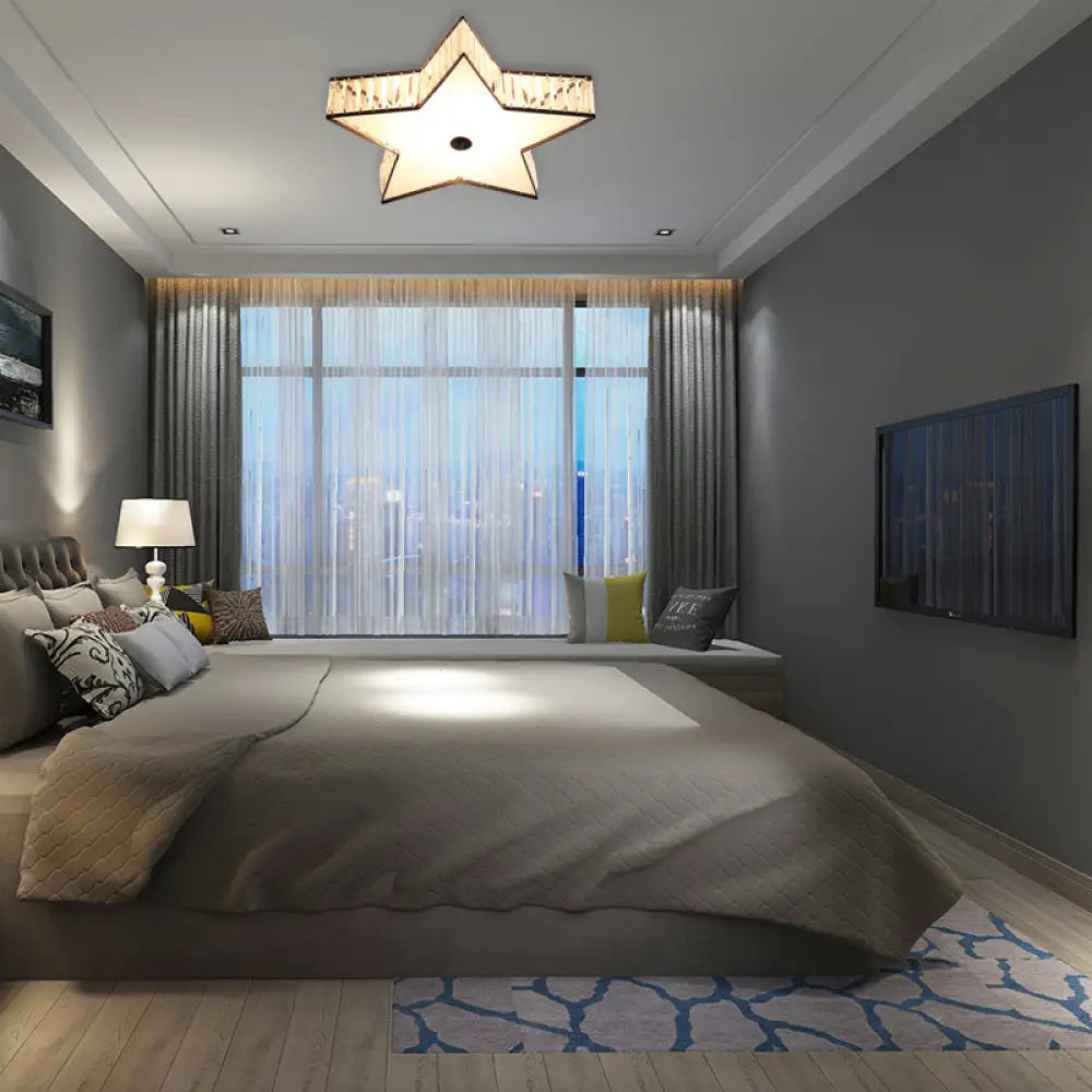Contemporary Led Flush Light Fixture: Clear Crystal Star With Acrylic Diffuser For Bedroom In White