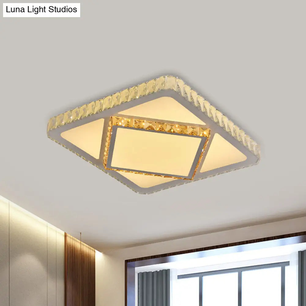 Contemporary Led Flush Mount Bedroom Ceiling Lamp With Crystal Shade - White