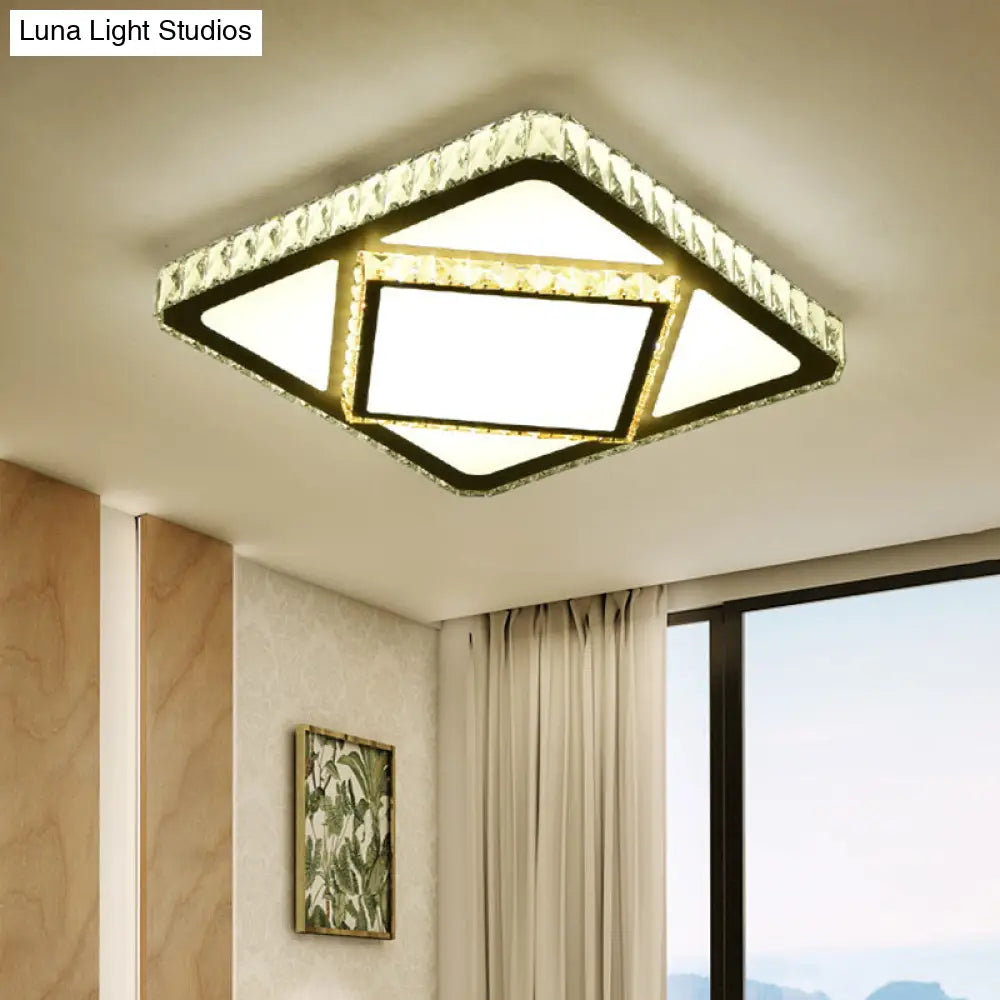 Contemporary Led Flush Mount Bedroom Ceiling Lamp With Crystal Shade - White / Square Plate