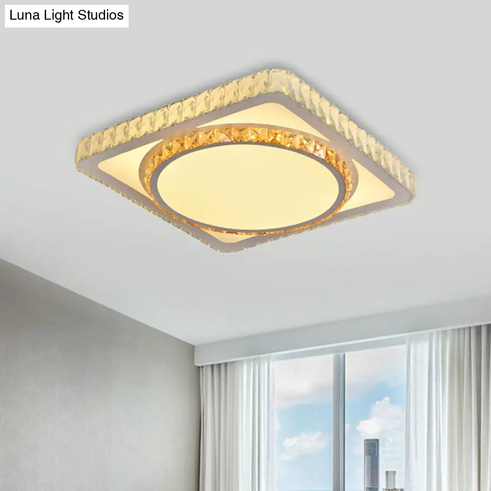 Contemporary Led Flush Mount Bedroom Ceiling Lamp With Crystal Shade - White / Round