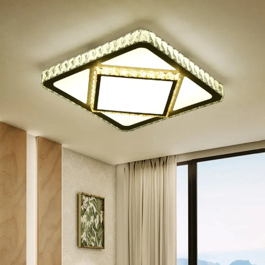 Contemporary Led Flush Mount Bedroom Ceiling Lamp With Crystal Shade - White / Square Plate