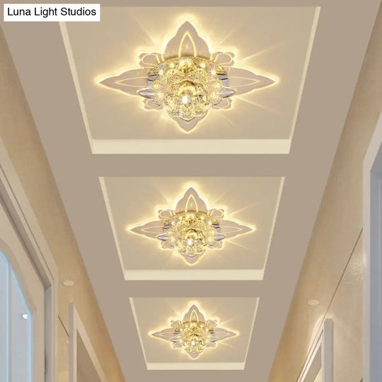 Contemporary Led Flush-Mount Ceiling Lamp With Clear Crystal Floral Design