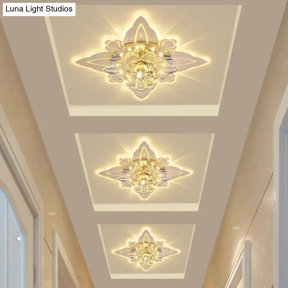 Contemporary Led Flush - Mount Ceiling Lamp With Clear Crystal Floral Design