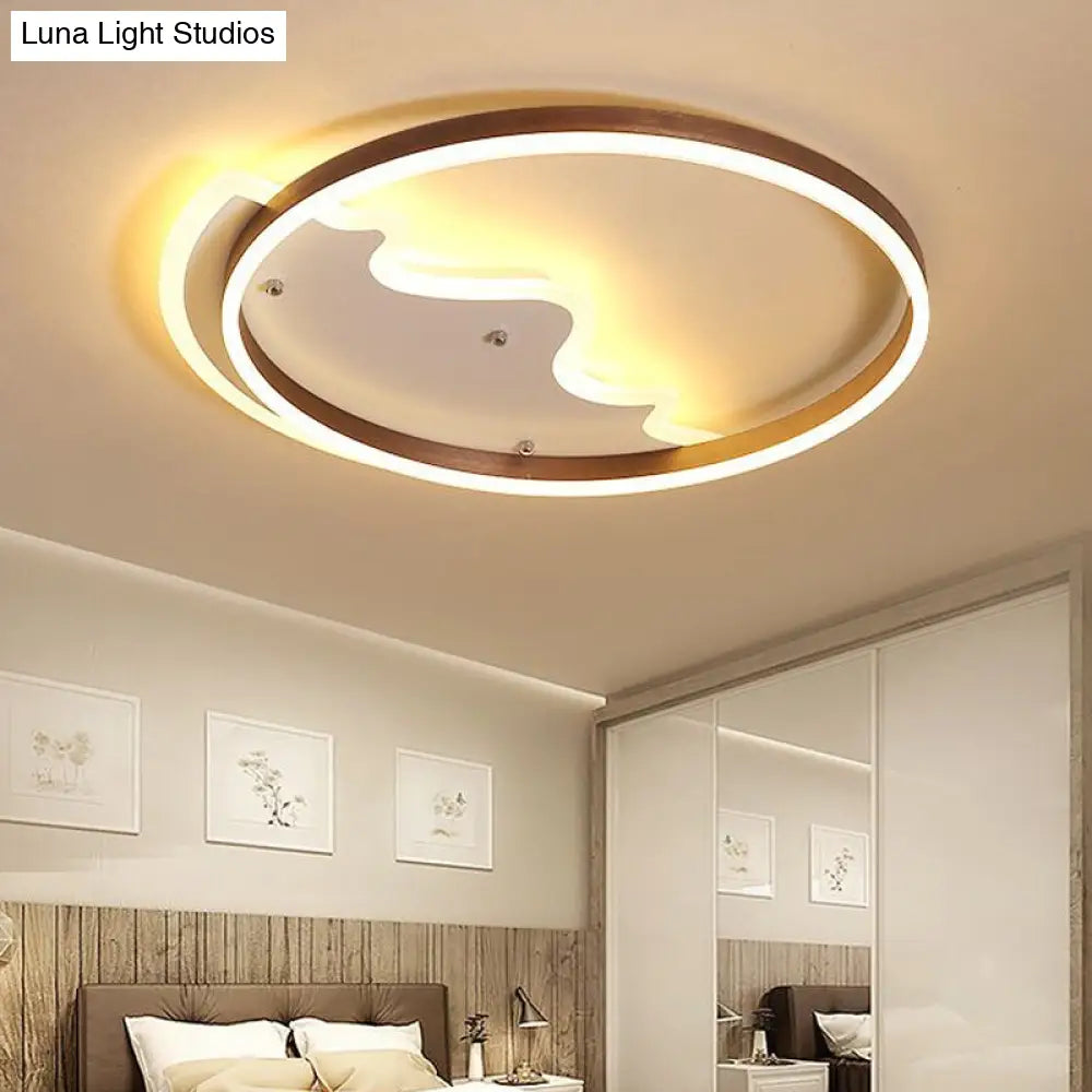 Contemporary Led Flush Mount Ceiling Light With Coffee-Colored Metal Ring - Ideal For Mountain