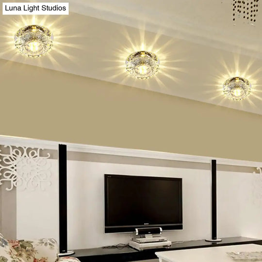 Contemporary Led Flush Mount Crystal Ceiling Light - Minimalist Clear Round Fixture For Hallways