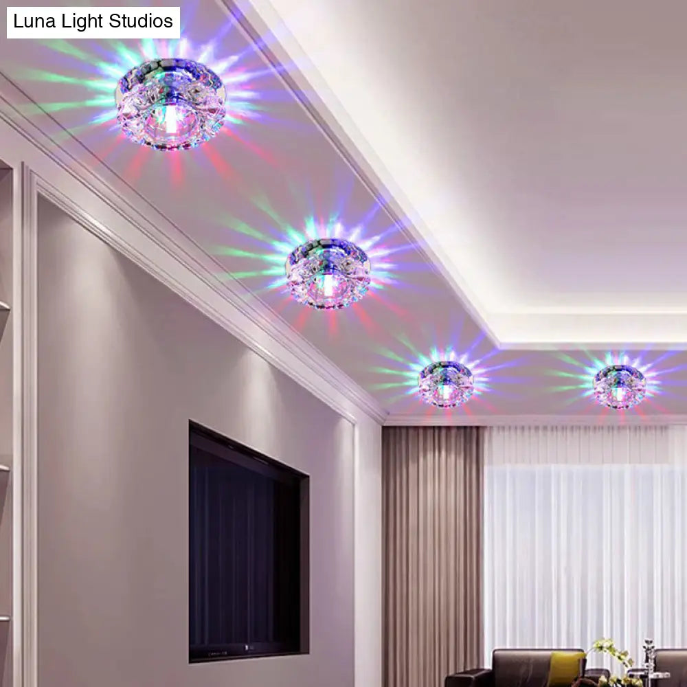 Contemporary Led Flush Mount Crystal Ceiling Light - Minimalist Clear Round Fixture For Hallways