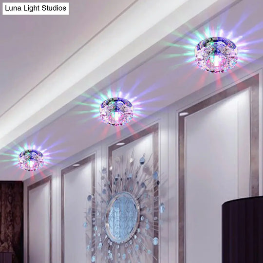 Contemporary Led Flush Mount Crystal Ceiling Light - Minimalist Clear Round Fixture For Hallways