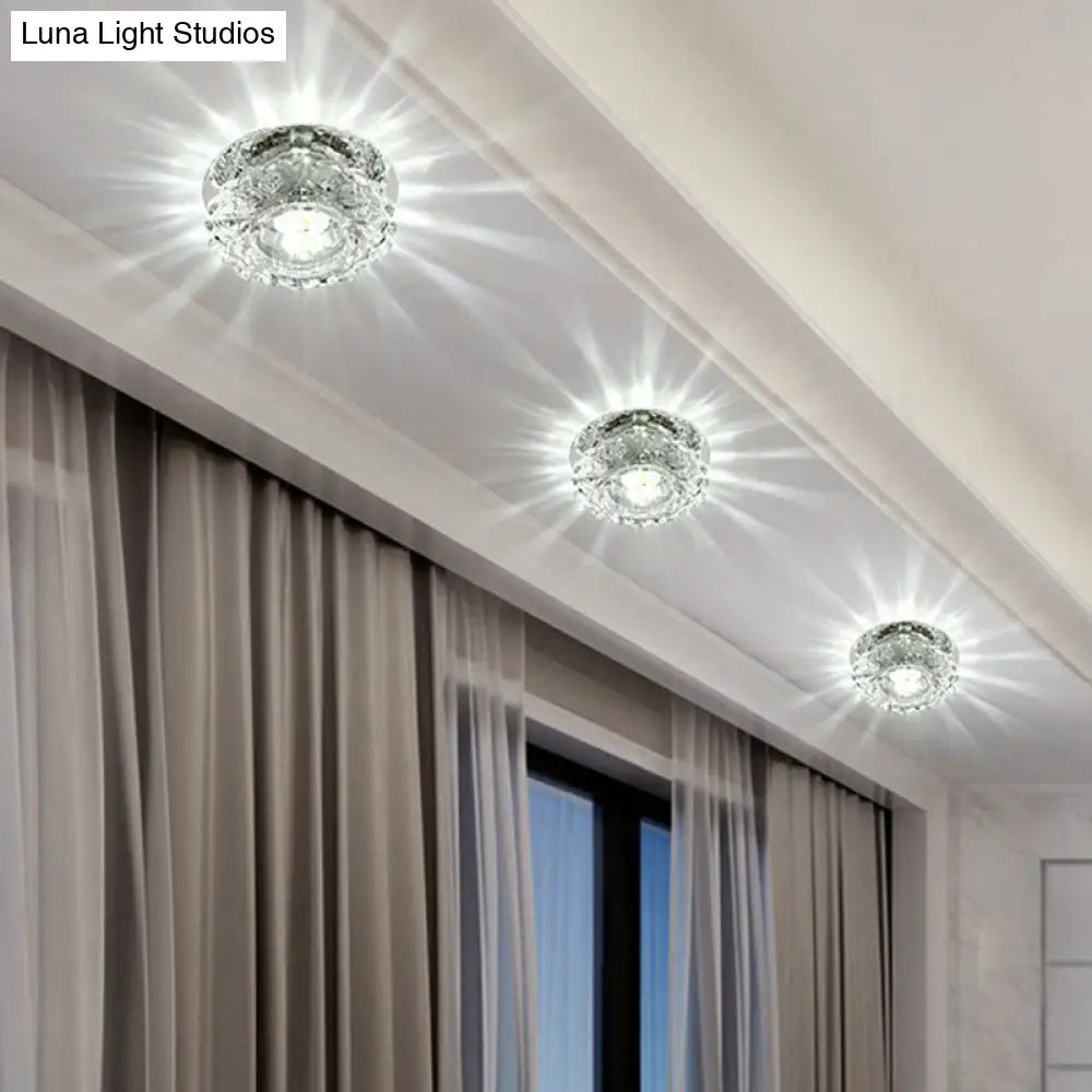 Contemporary Led Flush Mount Crystal Ceiling Light - Minimalist Clear Round Fixture For Hallways