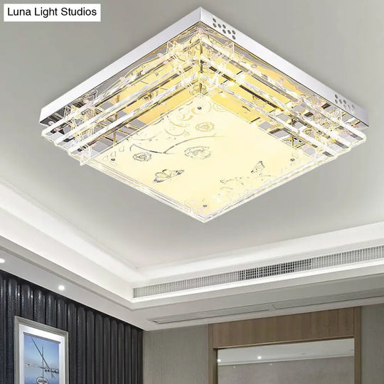 Contemporary Led Flush Mount Light - Rectangle/Square Shape With Crystal Rod And Acrylic Shade