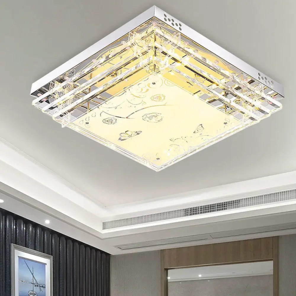 Contemporary Led Flush Mount Light - Rectangle/Square Shape With Crystal Rod And Acrylic Shade