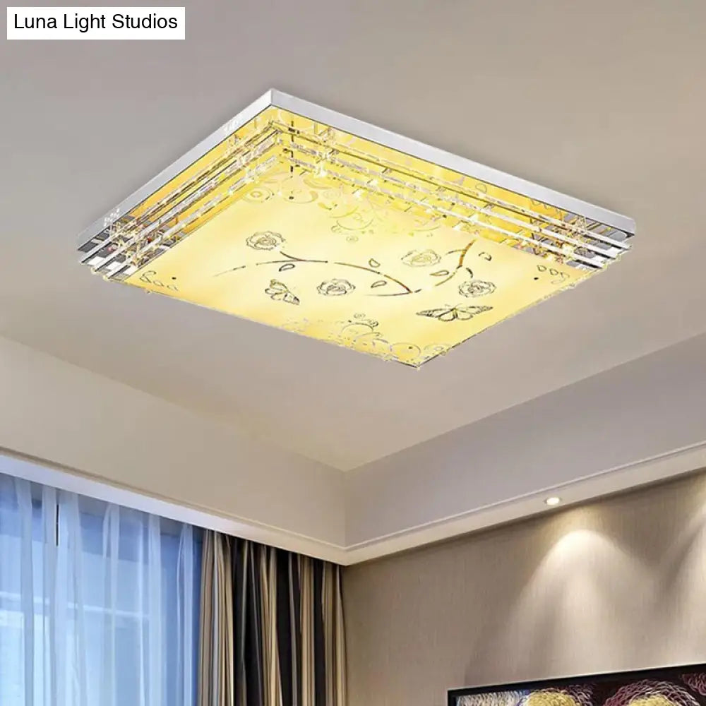 Contemporary Led Flush Mount Light - Rectangle/Square Shape With Crystal Rod And Acrylic Shade