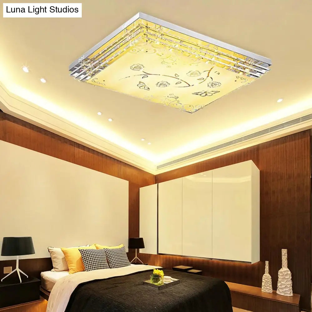 Contemporary Led Flush Mount Light - Rectangle/Square Shape With Crystal Rod And Acrylic Shade