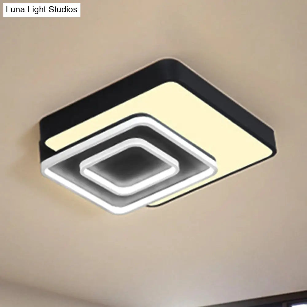 Contemporary Led Flush Mount Lighting Black Square Acrylic Fixture 15’/19’ Wide White/Warm Light