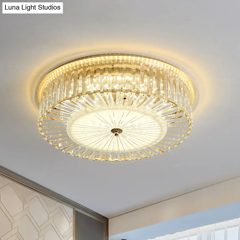 Contemporary Led Flush Mount With Clear Crystal Drum Shade - Ideal For Sleeping Rooms