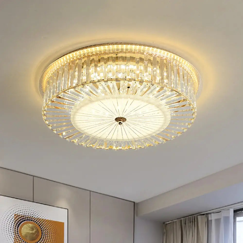 Contemporary Led Flush Mount With Clear Crystal Drum Shade - Ideal For Sleeping Rooms