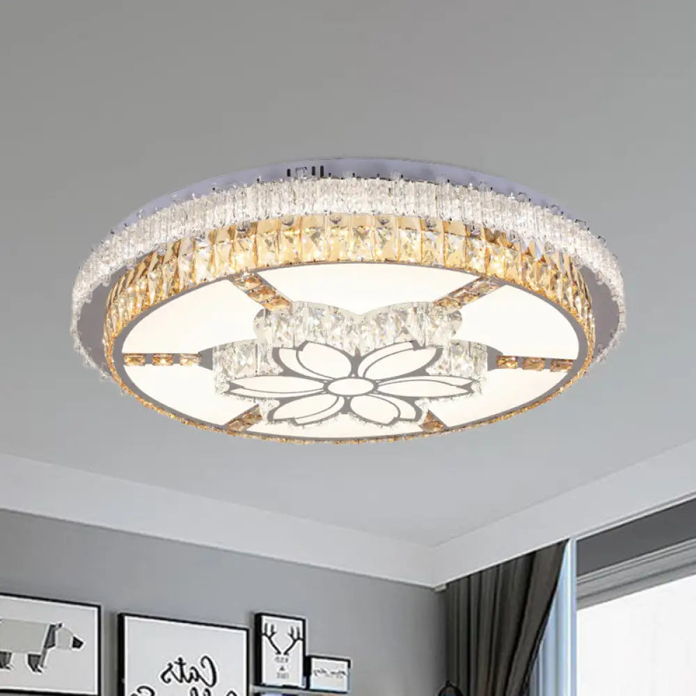 Contemporary Led Flush Mount With Clear Rectangular - Cut Crystals And Flower Design