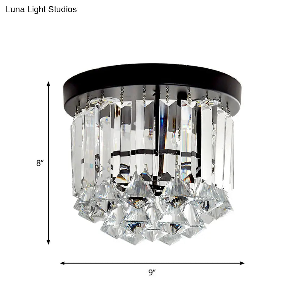 Contemporary Led Flushmount Ceiling Light With Black Cascade Design And Crystal Prisms Shade -