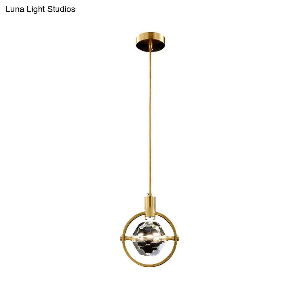 Contemporary Led Gold Crystal Hanging Lamp Kit - Bedroom Annular Suspension Light