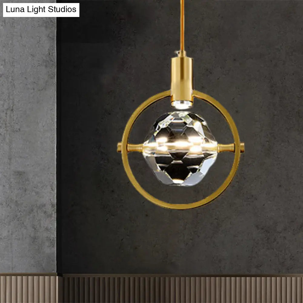 Contemporary Led Gold Crystal Hanging Lamp Kit - Bedroom Annular Suspension Light