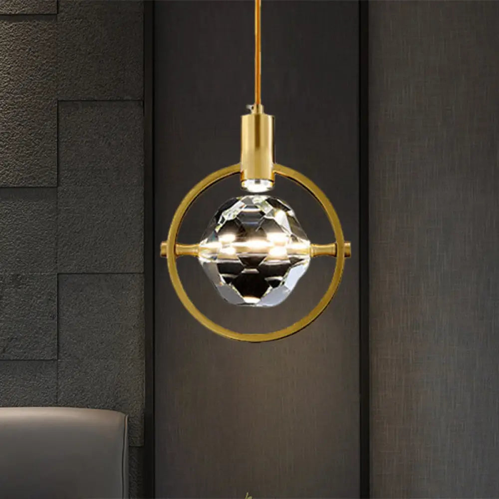 Contemporary Led Gold Crystal Hanging Lamp Kit - Bedroom Annular Suspension Light Clear