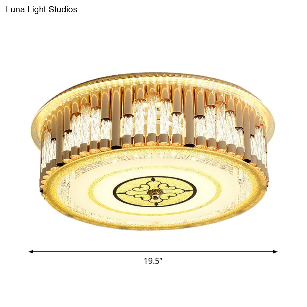 Contemporary Led Gold Flush Mount Drum Bedchamber Light Fixture With Clear Crystal Stripes