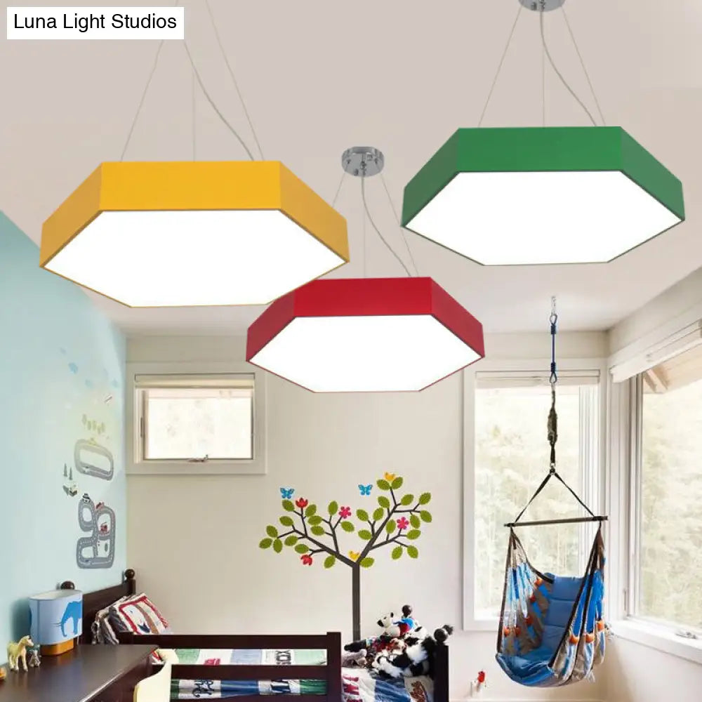 Contemporary Hexagon Pendant Lamp With Led Yellow/Silver/Purple Metal Ceiling Light Multiple Sizes