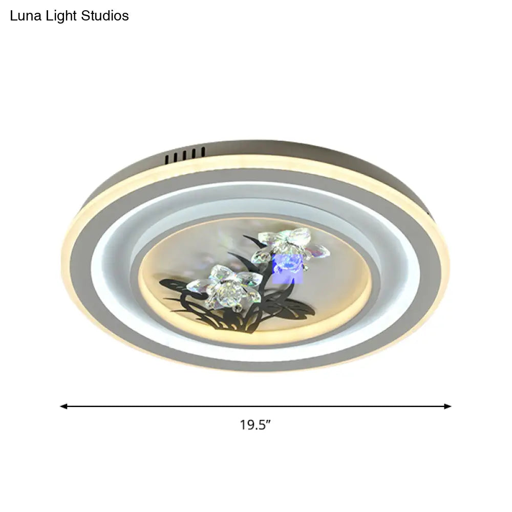 Contemporary Led Metal Ceiling Fixture: White Round/Square Flush Mount Lamp With Crystal Flower Deco