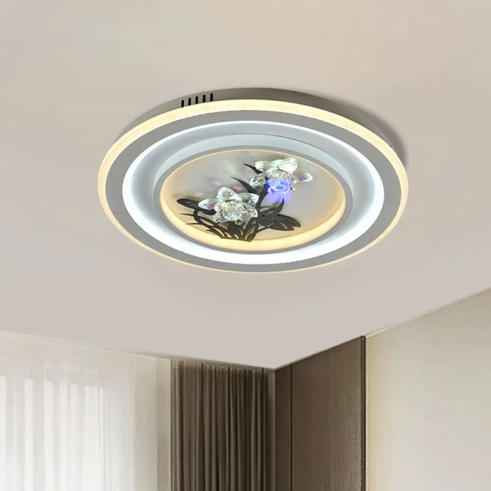 Contemporary Led Metal Ceiling Fixture: White Round/Square Flush Mount Lamp With Crystal Flower