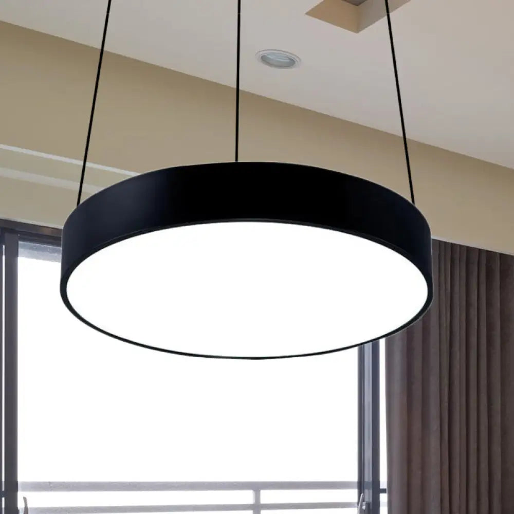 Contemporary Led Metal Drum Pendant Lighting: 12’/18’/23.5’ Wide White/Black Ceiling Lamp