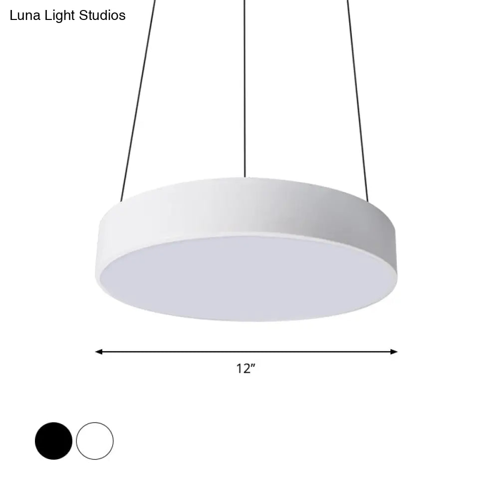 Contemporary Led Metal Drum Pendant Lighting: 12’/18’/23.5’ Wide White/Black Ceiling Lamp