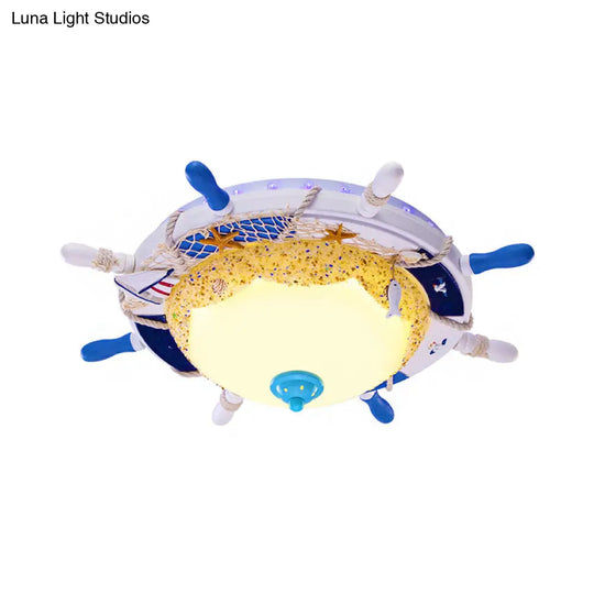 Contemporary Led Metal Flush Mount Lamp For Childrens Room - Blue Rudder Shade With Frosted Glass