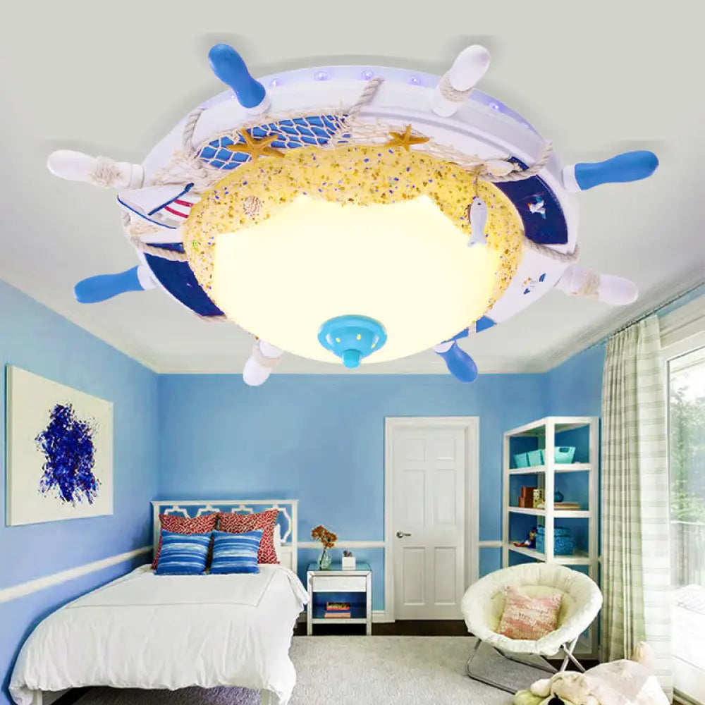Contemporary Led Metal Flush Mount Lamp For Children’s Room - Blue Rudder Shade With Frosted Glass