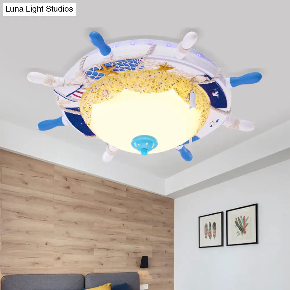Contemporary Led Metal Flush Mount Lamp For Childrens Room - Blue Rudder Shade With Frosted Glass